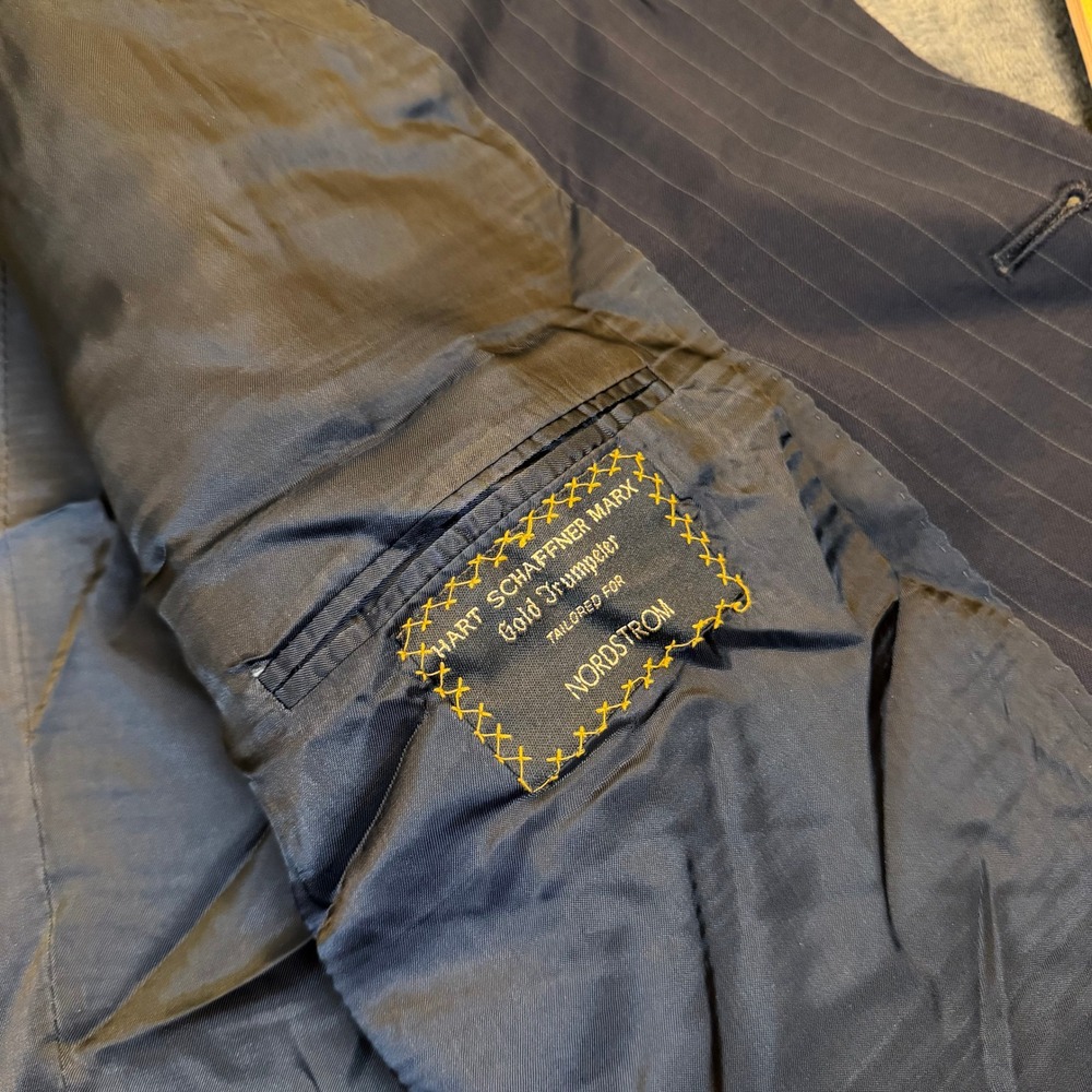 Hart Schaffner Marx Gold Trumpeter Suit Jacket Mens 50 R Navy Pinstripe Wool - Picture 3 of 10